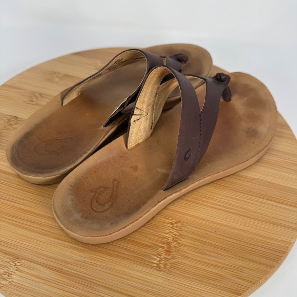 Olukai Kaekae Ko'o Brown Leather Flip Flop Sandals Womens 8 20409-SAGS - Picture 5 of 10